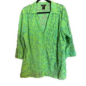 Multiples Tunic Top Womens 2X Green Sheer Textured Embroidered Lagenlook Blouse